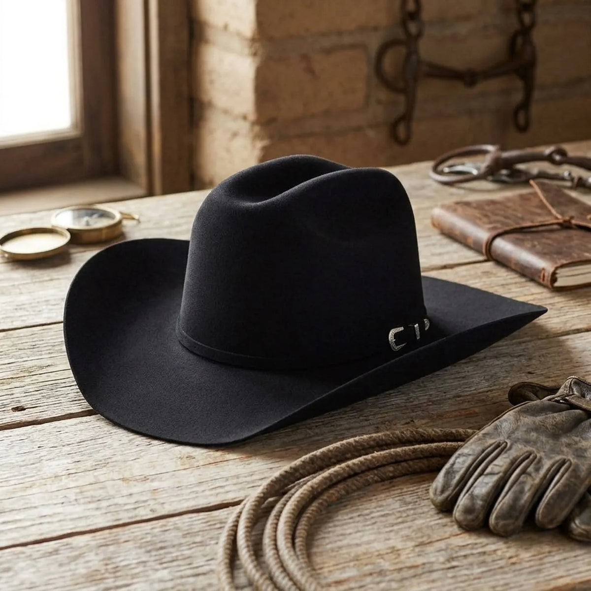 Black Felt Cowboy Hat with Silver Pin - Classic Western