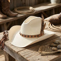 Cream Straw Cowboy Hat with Studded Leather Band and Feathers