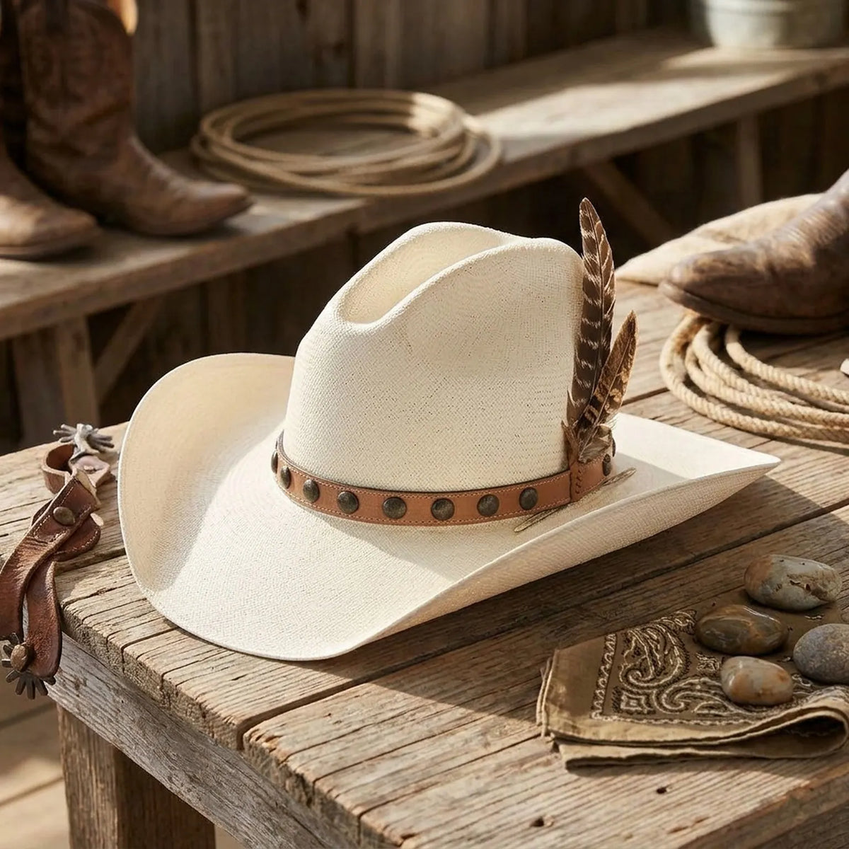 Cream Straw Cowboy Hat with Studded Leather Band and Feathers