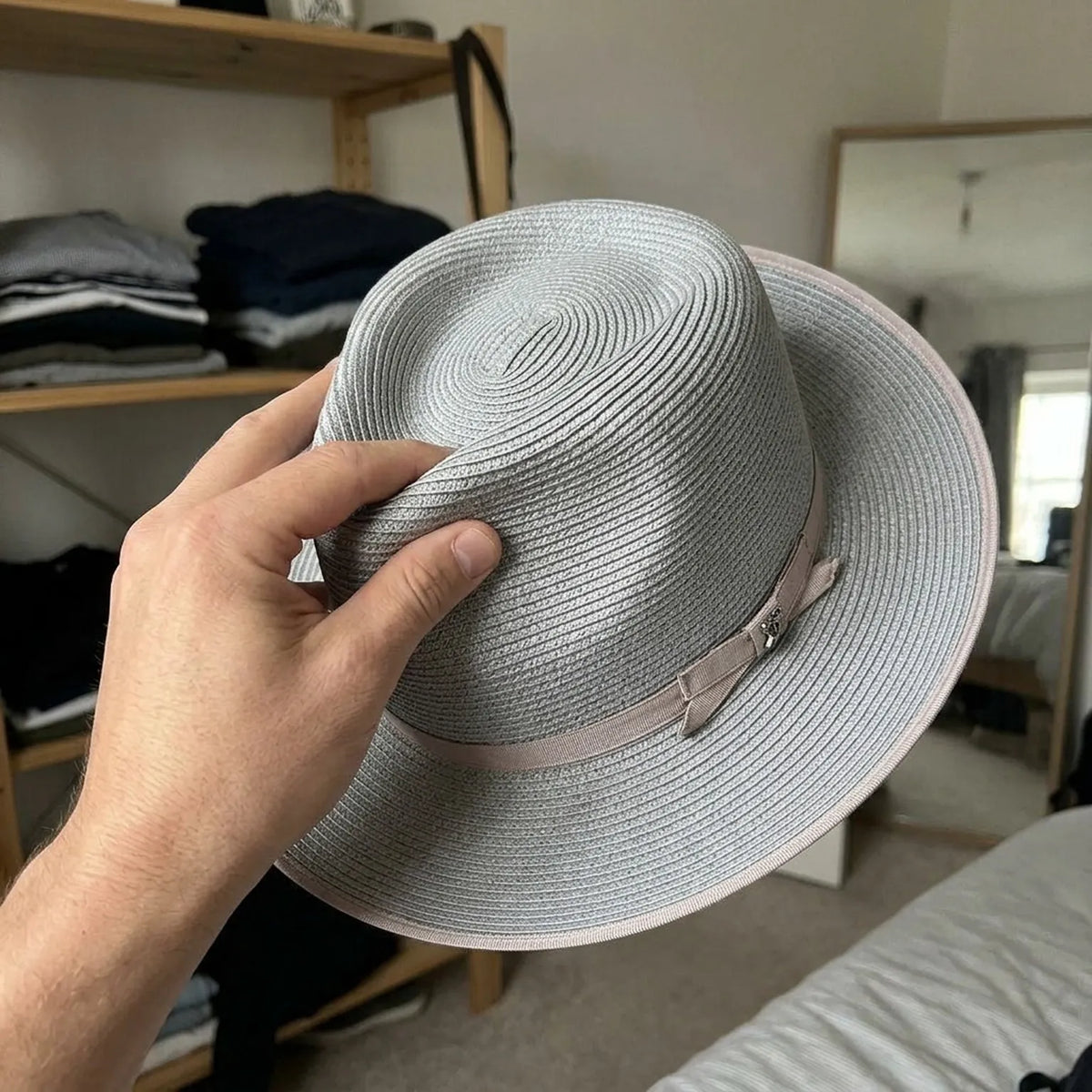 Light Gray Straw Fedora with Ribbon Band and Side Buckle