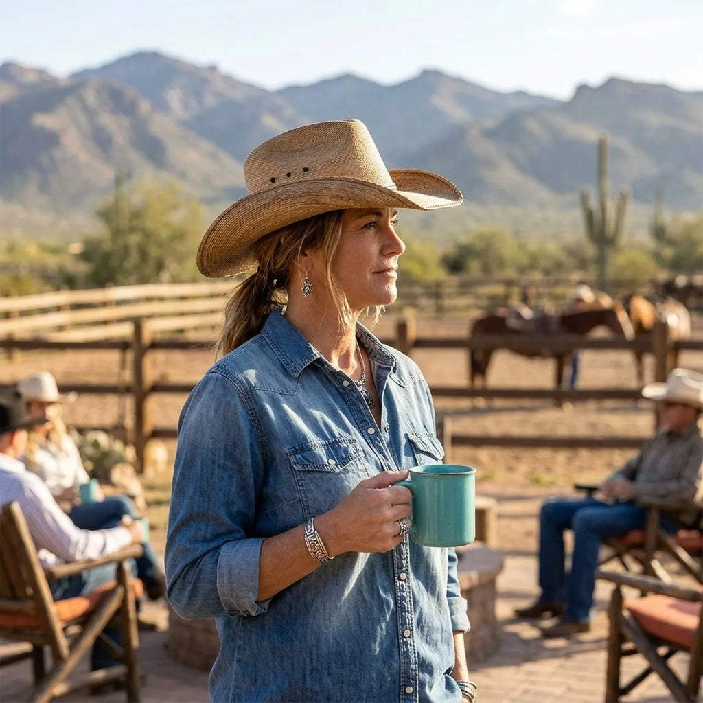 Unisex Brown Straw Cowboy Hat with Leather Band and Side Vents