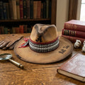 Tan Fedora Houndstooth Band Beaded Bandana Bow Stitched Crown Hat