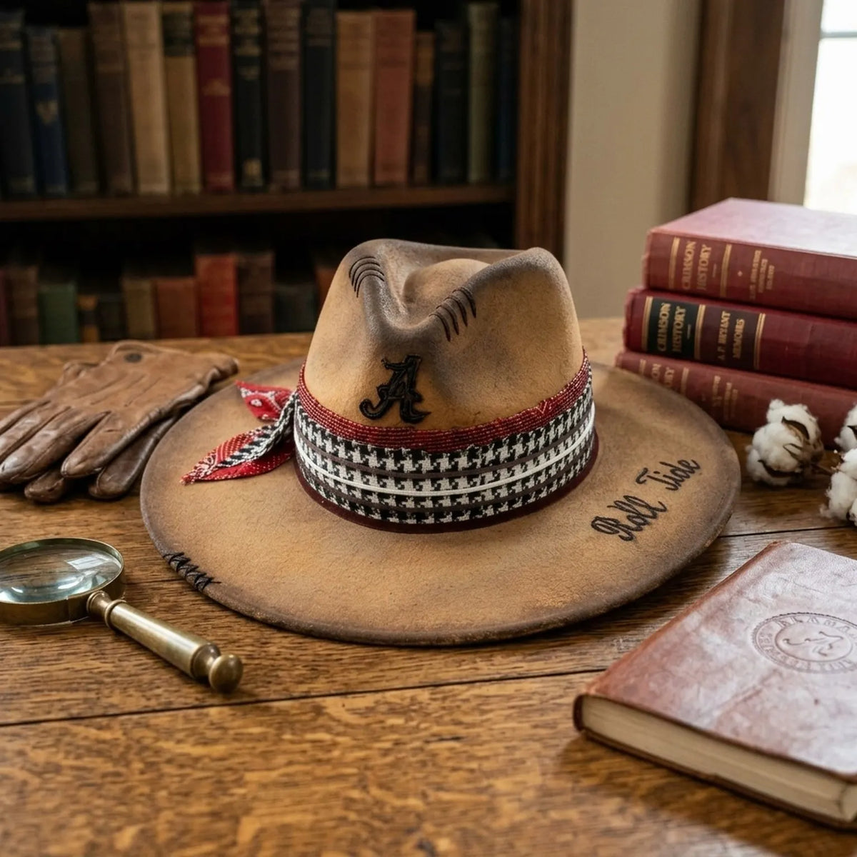 Tan Fedora Houndstooth Band Beaded Bandana Bow Stitched Crown Hat