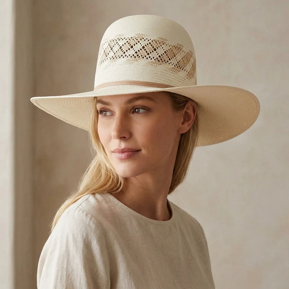 Cream Straw Sun Hat with Vented Diamond Crown and Leather Band