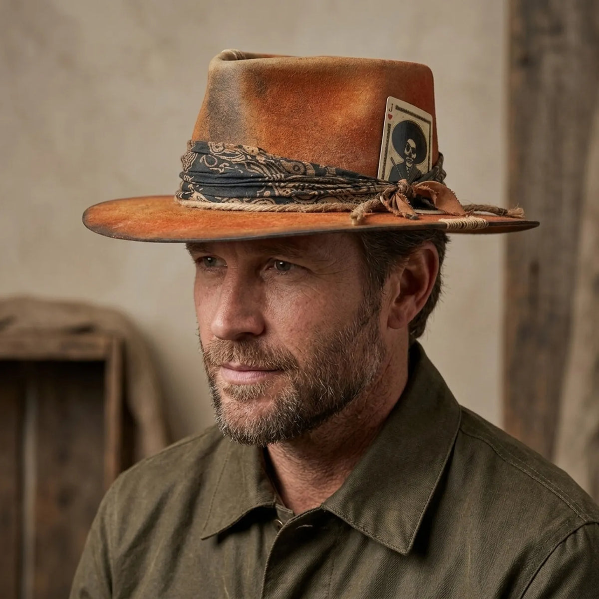 Rust Orange Western Hat with Skull Card and Bandana Band