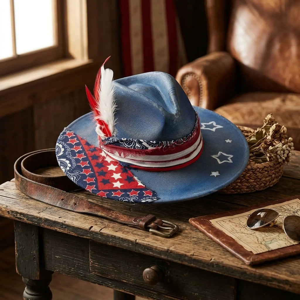 Patriotic Blue Cowboy Hat with Star Print and Feather Accent