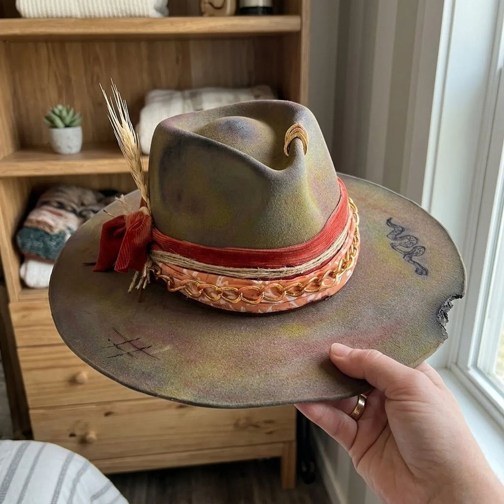 Olive Green Fedora with Wheat Stalk, Chain, and Red Ribbon Band