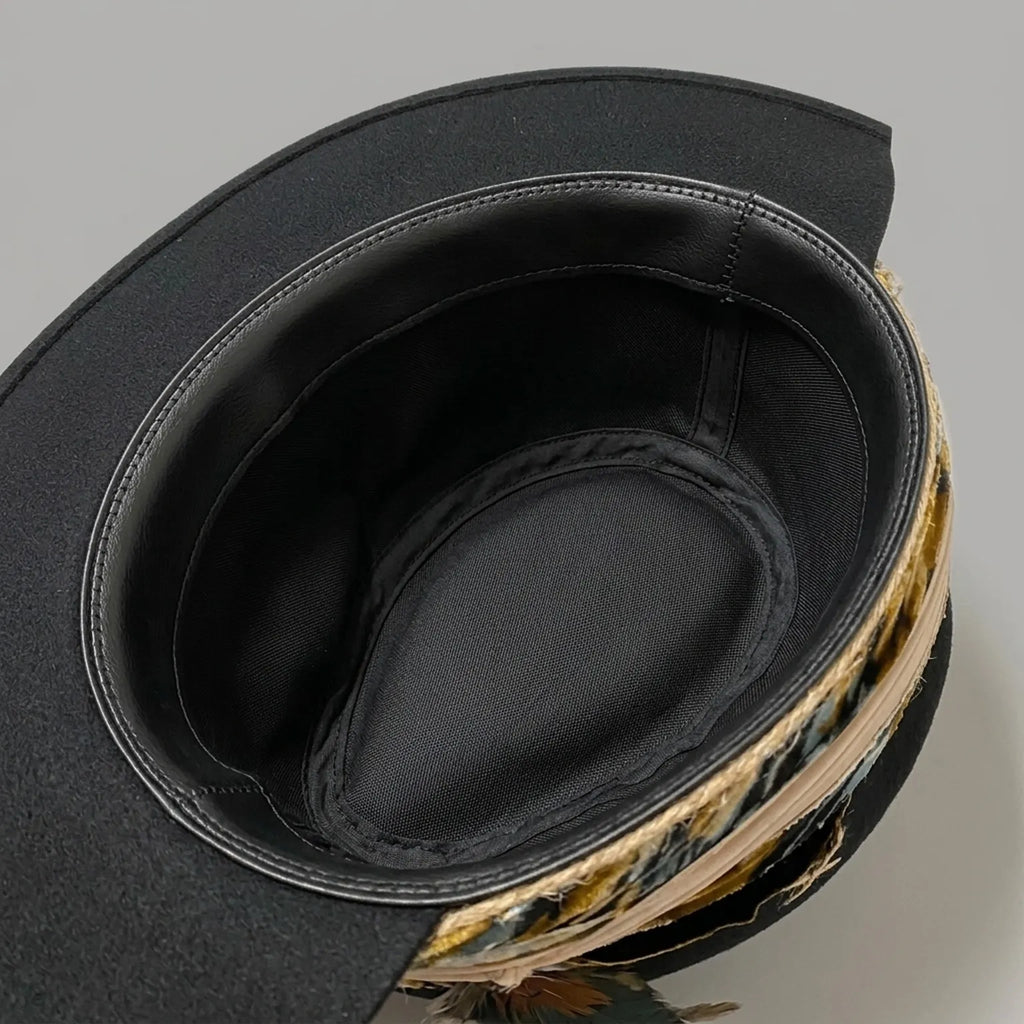 Black Wide Brim Fedora with Ribbon Band and Mixed Feathers