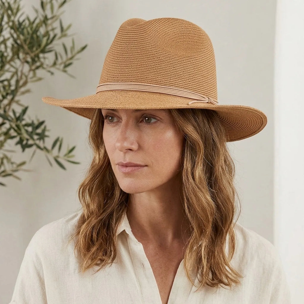 Tan Straw Fedora with Leather Cord Band for Summer Festival Style