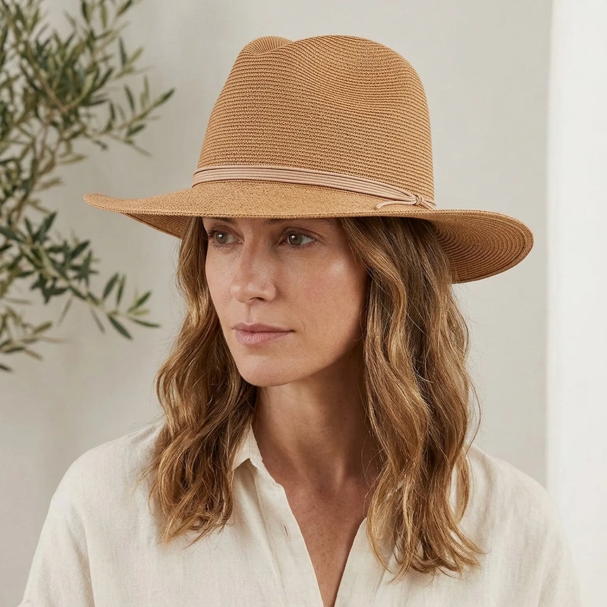 Tan Straw Fedora with Leather Cord Band for Summer Festival Style