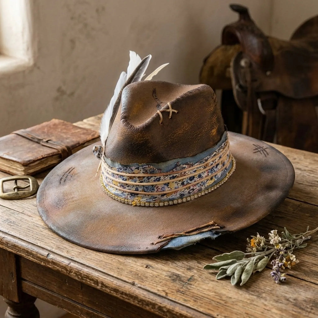 Distressed Brown Felt Western Hat Floral Denim Rhinestone Chain