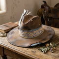 Distressed Brown Felt Western Hat Floral Denim Rhinestone Chain