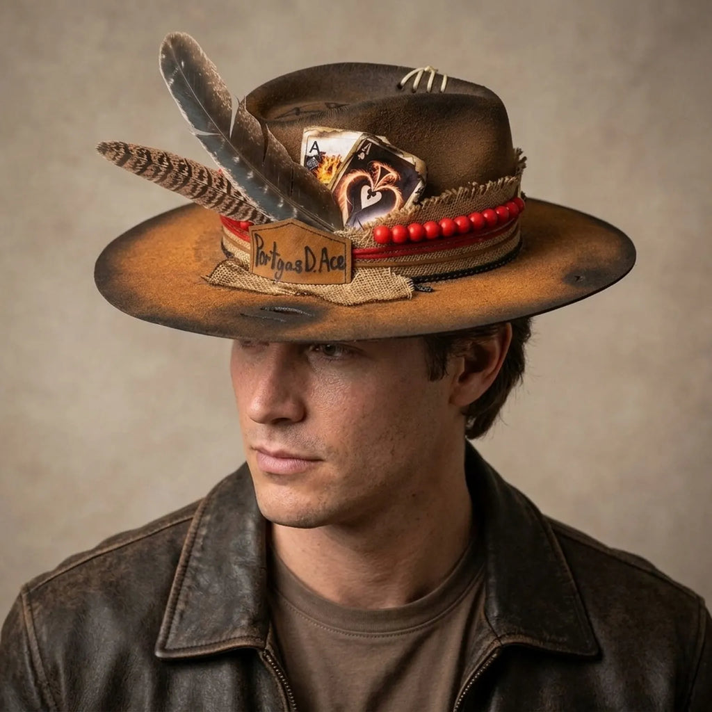 Burnt Orange Distressed Hat with Playing Cards and Red Beads
