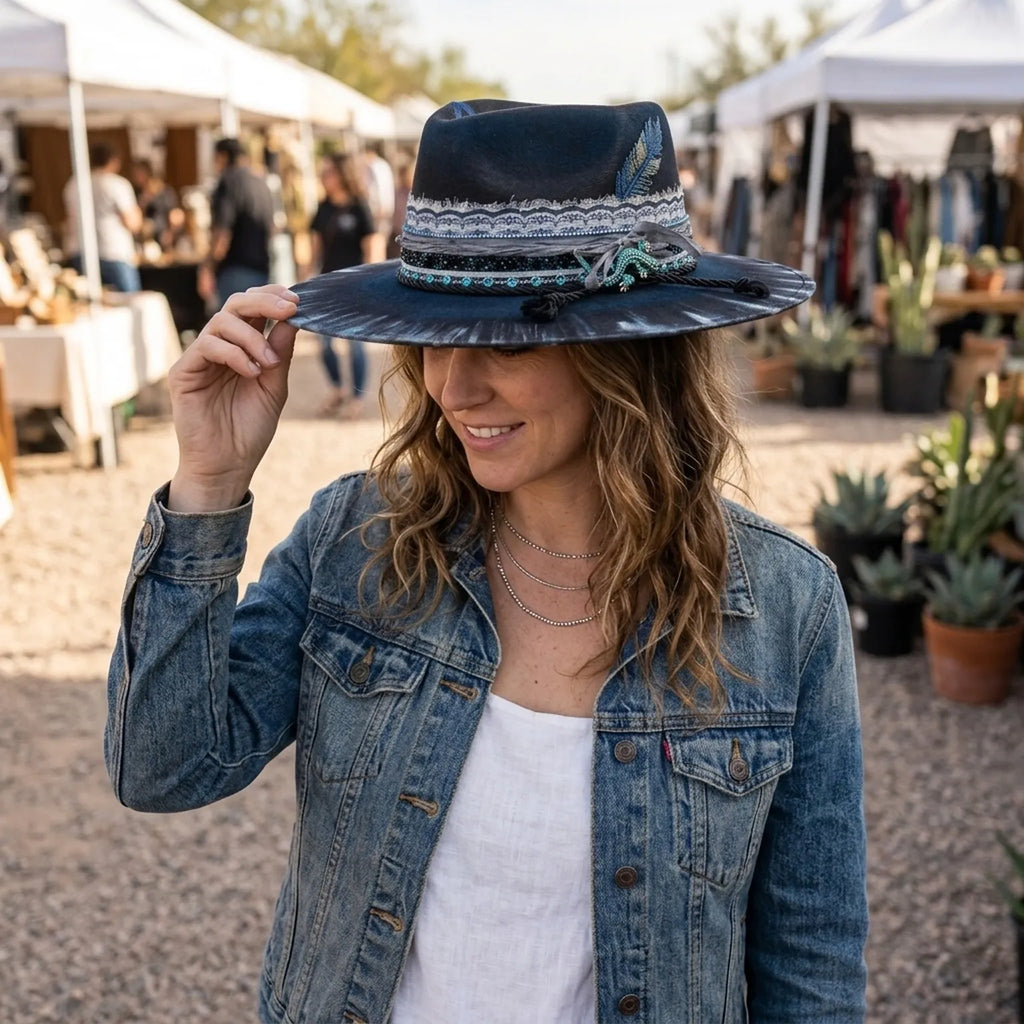 Black Felt Fedora with Tie-Dye Brim Lizard Charm Beaded Trim