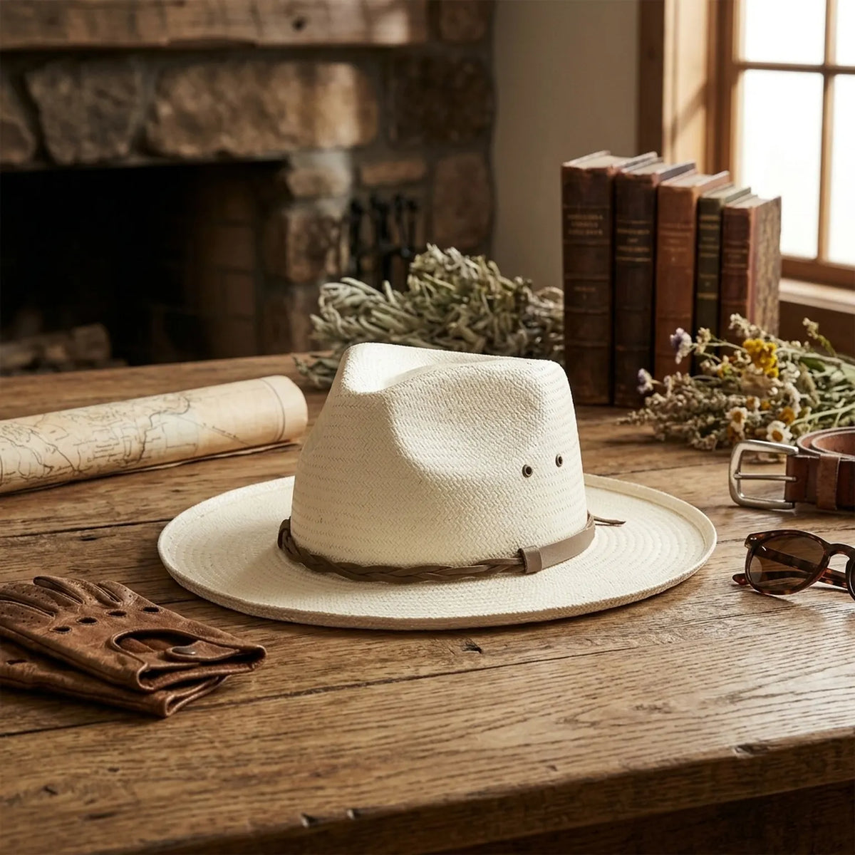 White Straw Fedora Hat with Braided Leather Band and Wide Brim