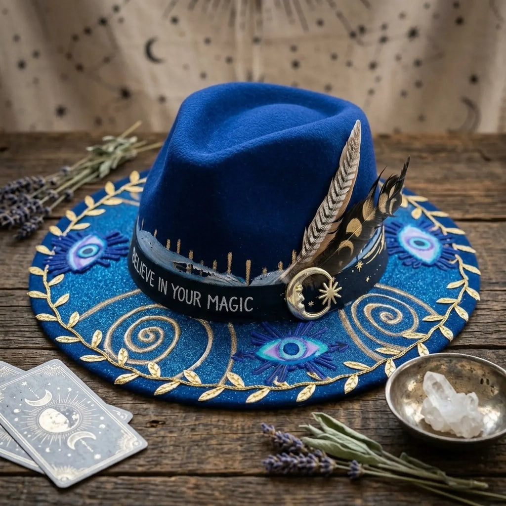 Royal Blue Felt Fedora with Evil Eye Charms Gold Embroidery