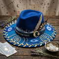 Royal Blue Felt Fedora with Evil Eye Charms Gold Embroidery