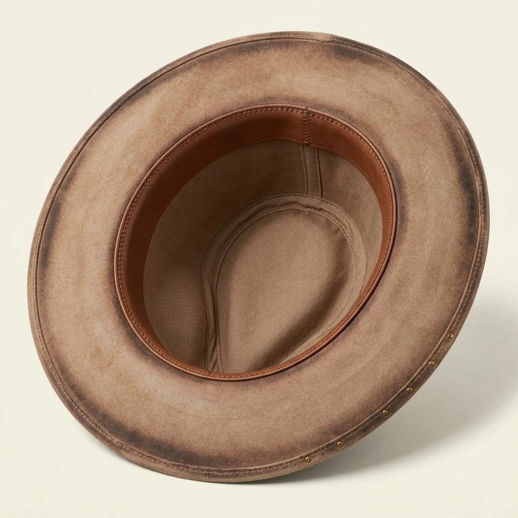 Tan Felt Fedora with Layered Leather Band, Tassel and Feathers