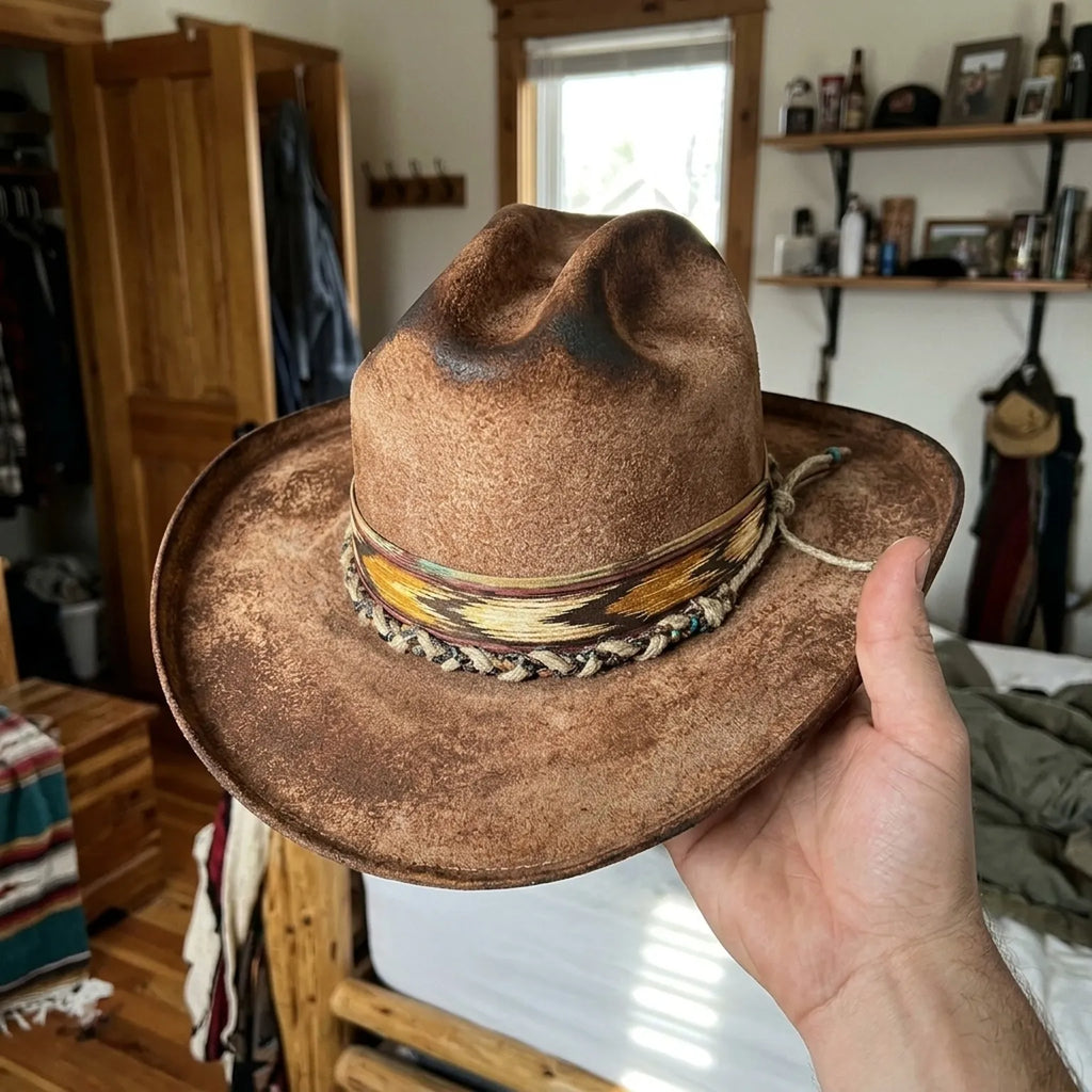 Boho Western Hat with Ikat Woven Band and Braided Trim
