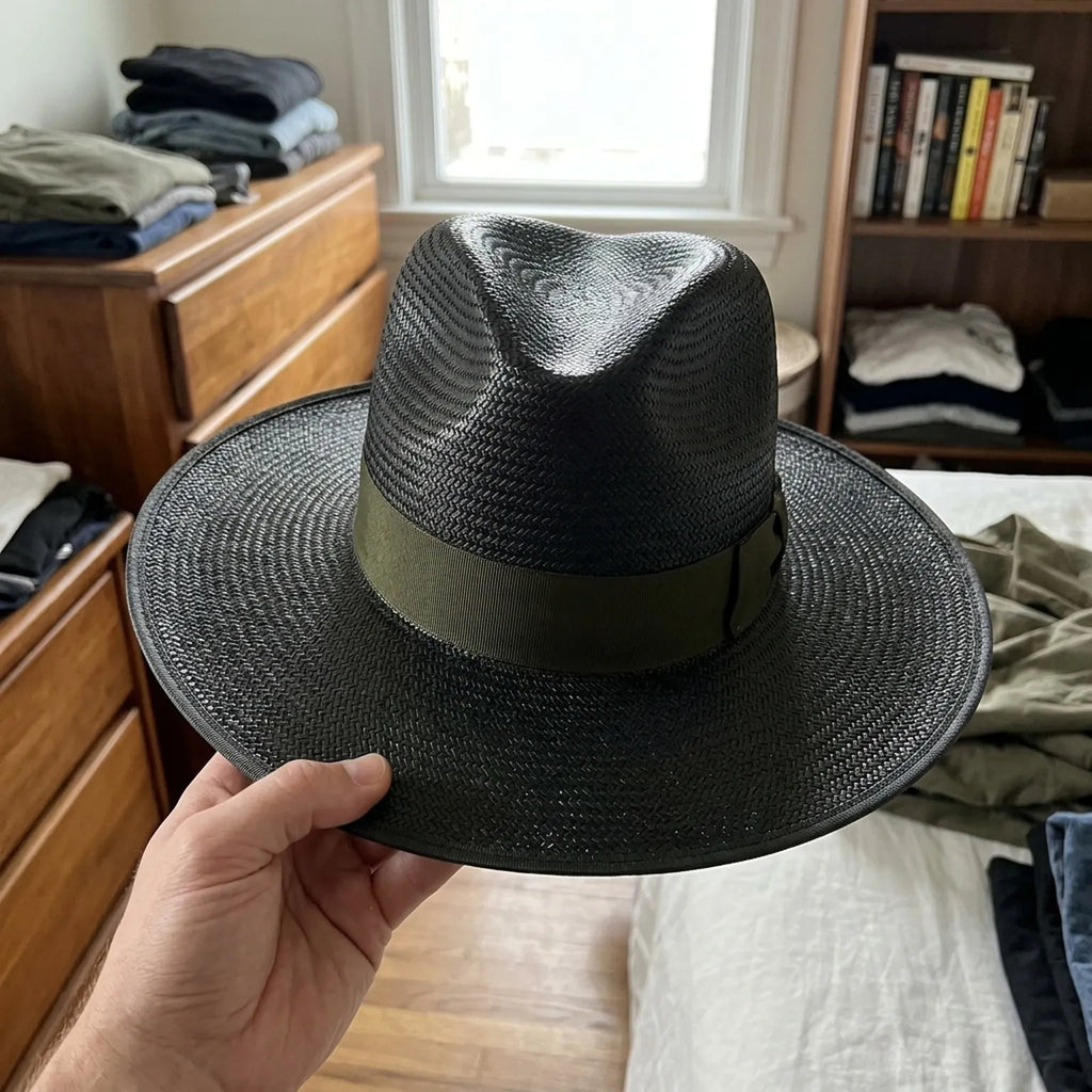 Black Woven Straw Fedora Hat with Ribbon Band for Summer
