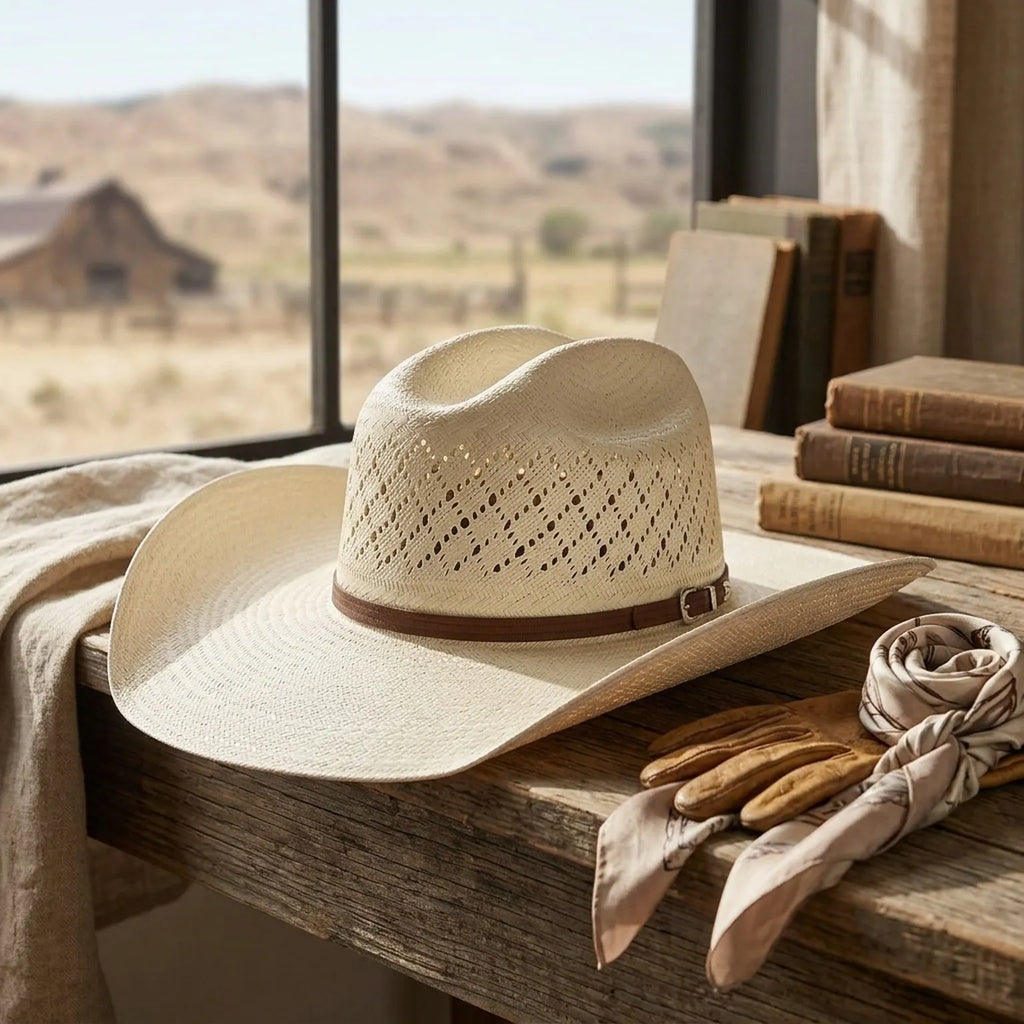 Cream Vented Straw Cowboy Hat with Brown Leather Buckle Band