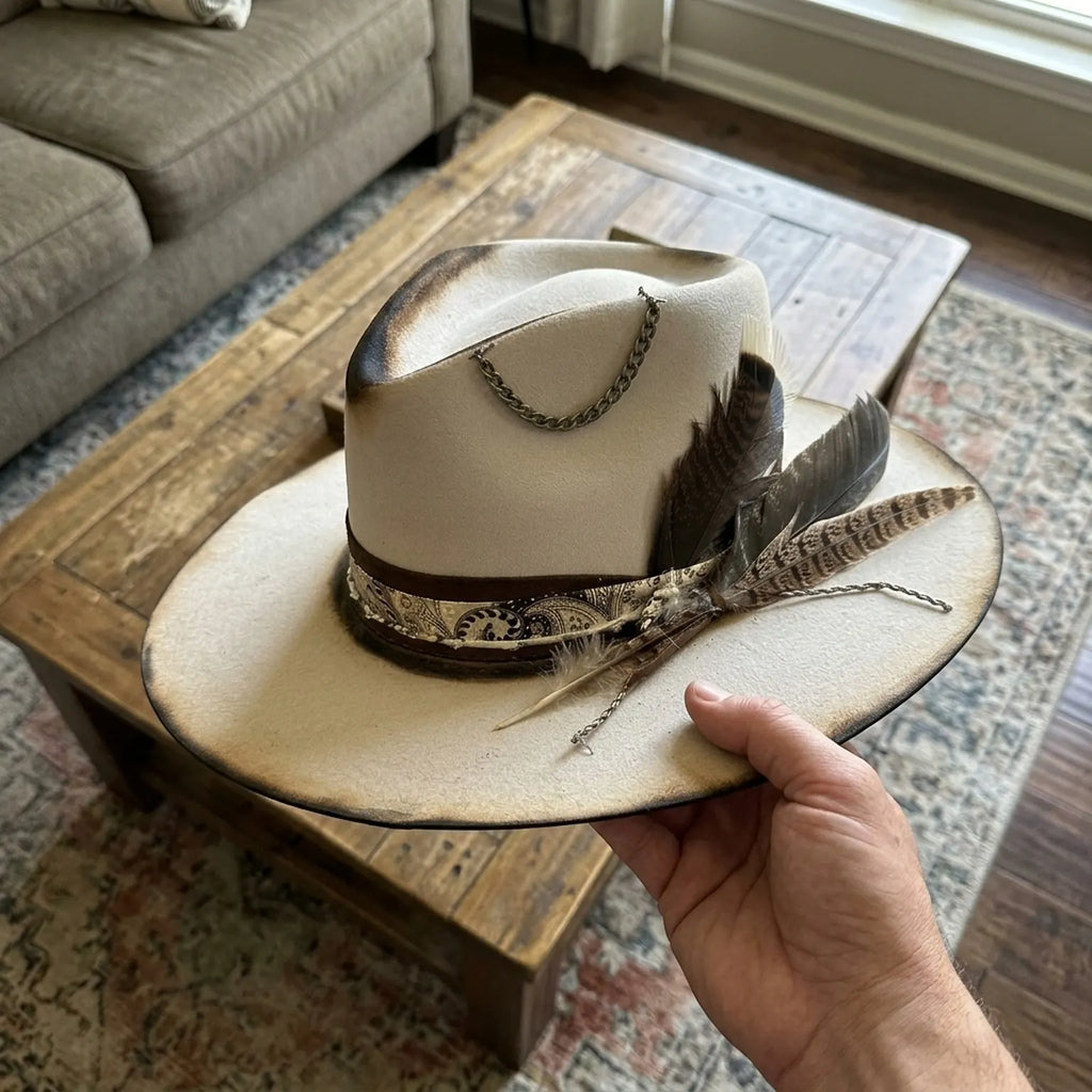 Cream Felt Western Hat with Leather Band and Chain Tassel