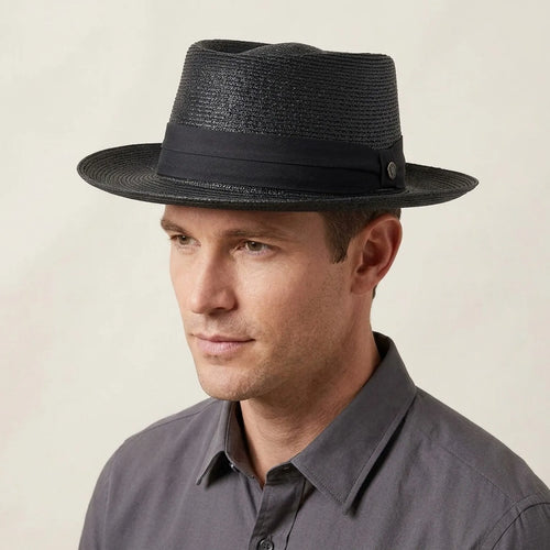 Black Straw Pork Pie Hat with Wide Brim and Flat Crown