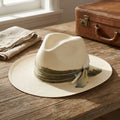 Unisex Cream Wide Brim Sun Hat with Feather and Ribbon Band