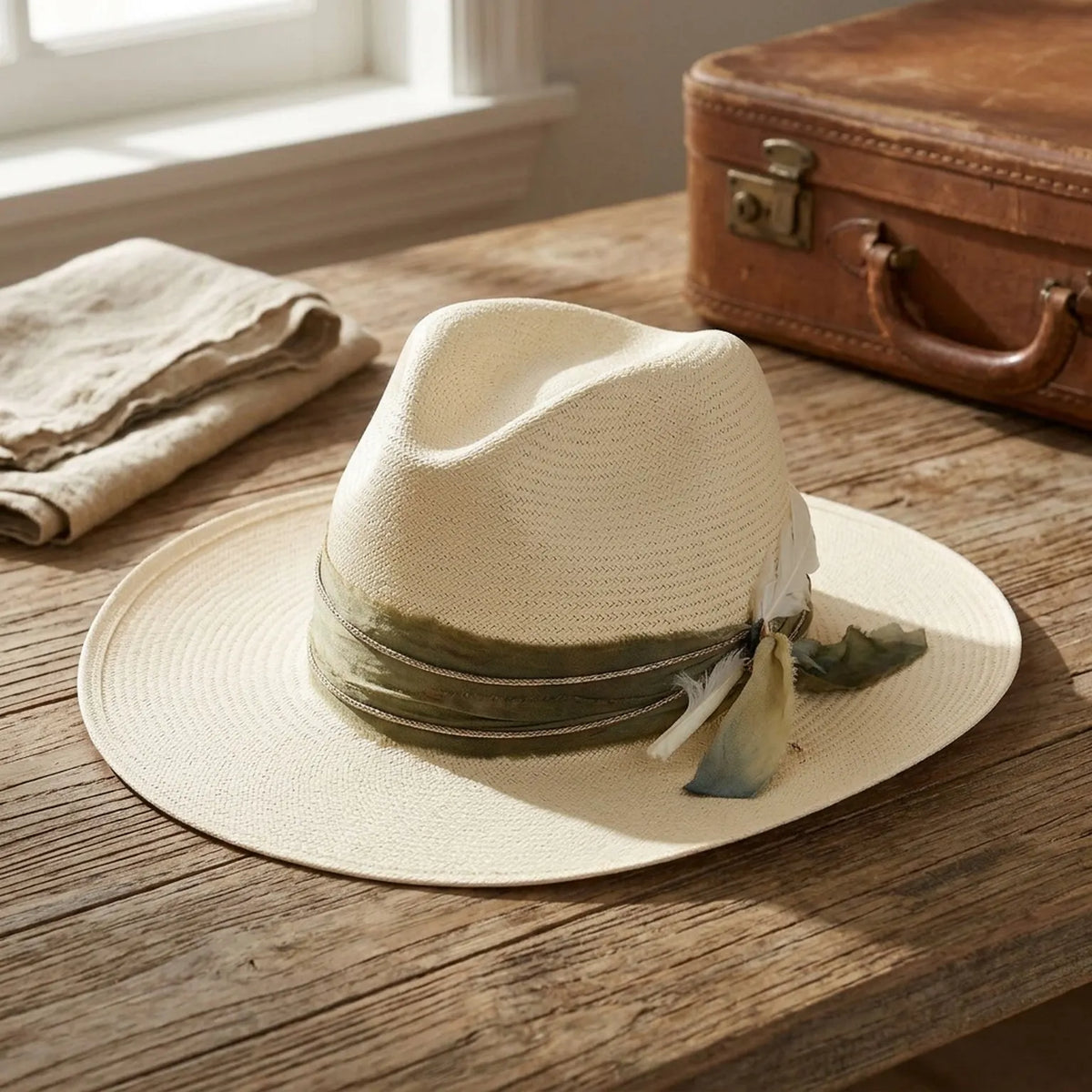 Unisex Cream Wide Brim Sun Hat with Feather and Ribbon Band