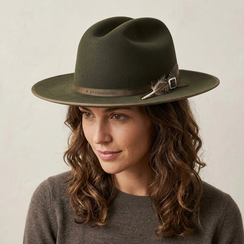 Distressed Olive Felt Fedora with Feather and Bone Accent