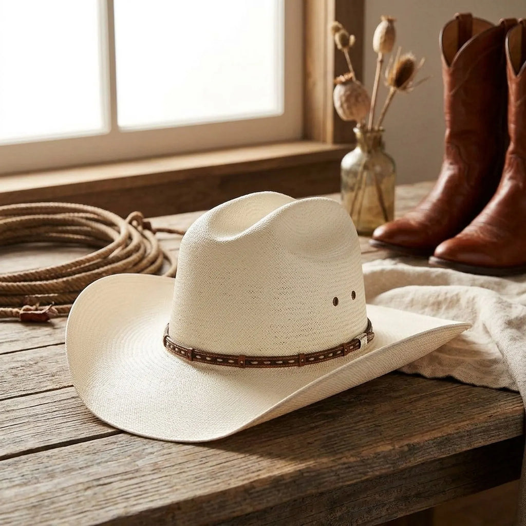 Unisex White Straw Cowboy Hat with Tooled Leather Stud Band