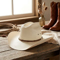 Unisex White Straw Cowboy Hat with Tooled Leather Stud Band