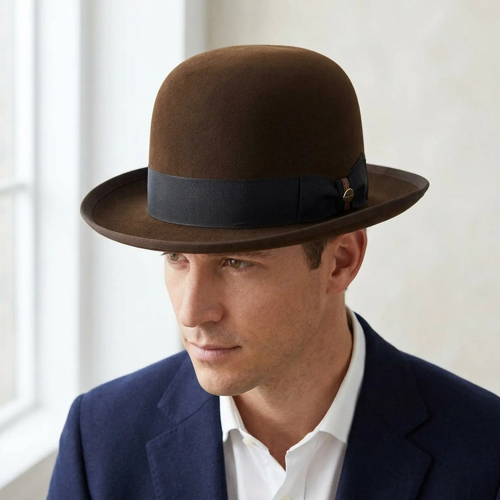 Brown Felt Bowler Hat with Rounded Crown and Grosgrain Band