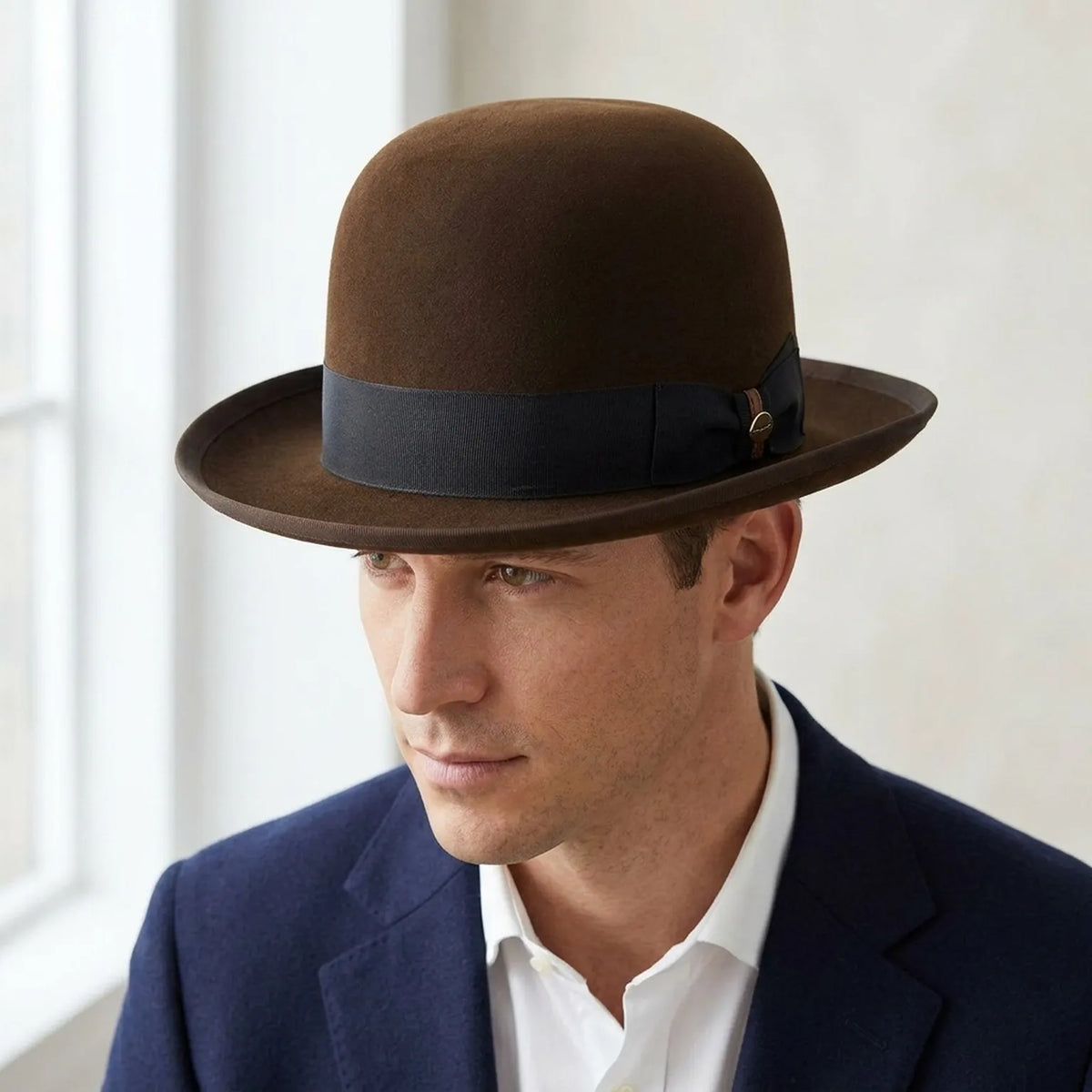 Brown Felt Bowler Hat with Rounded Crown and Grosgrain Band