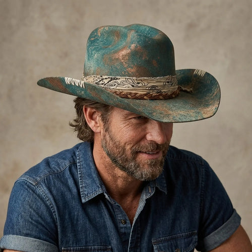 Aged Teal Cowboy Hat with Bandana and Braided Leather Band