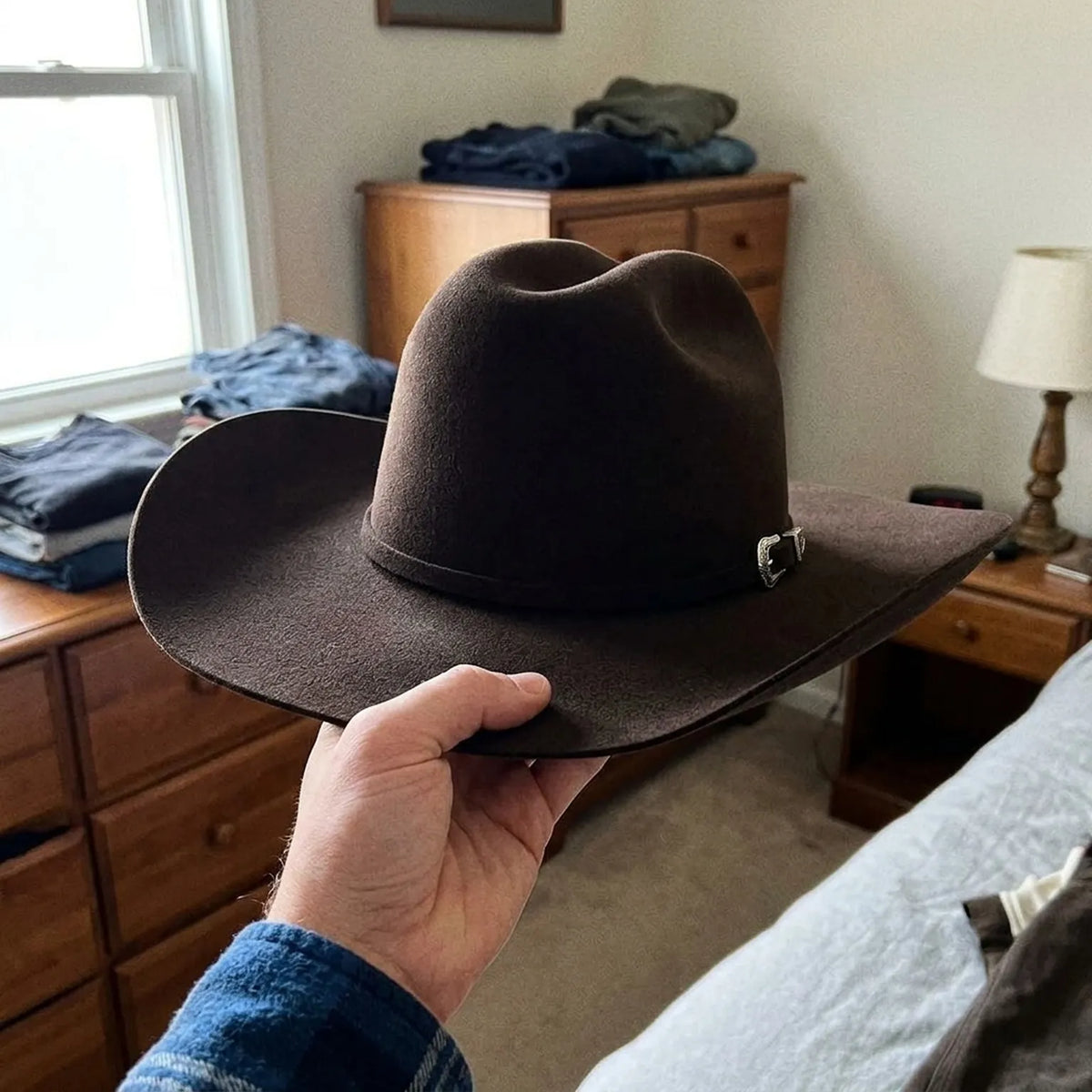 Dark Brown Felt Cowboy Hat with Pinched Crown and Curved Brim