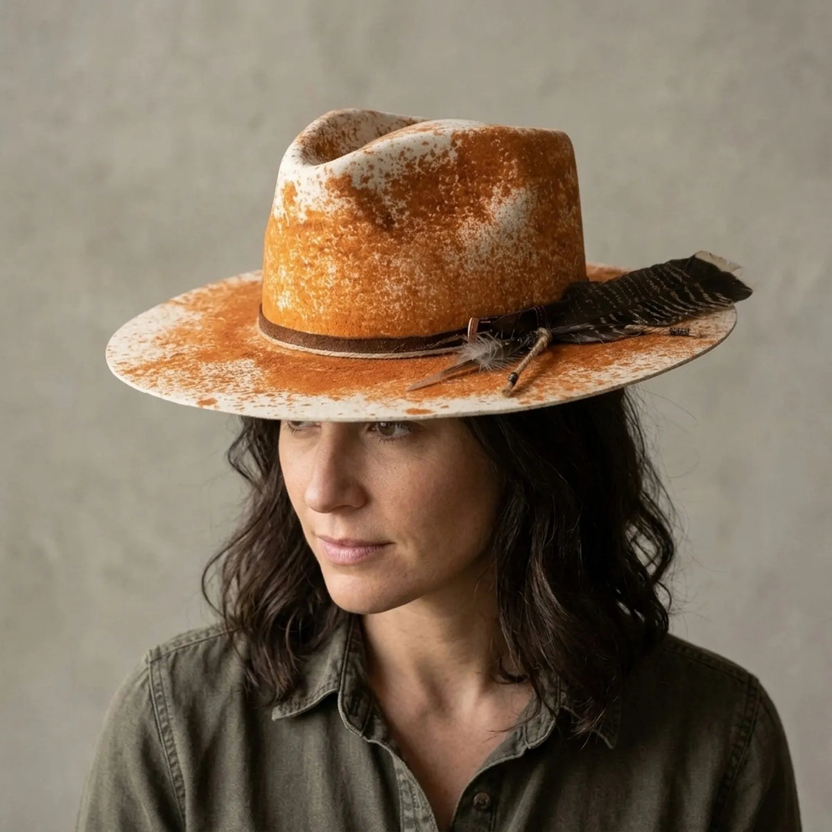 Splatter Orange Felt Fedora with Brown Feather and Leather Band