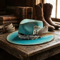 Teal Felt Western Hat with Concert Card Tuck and Feathers
