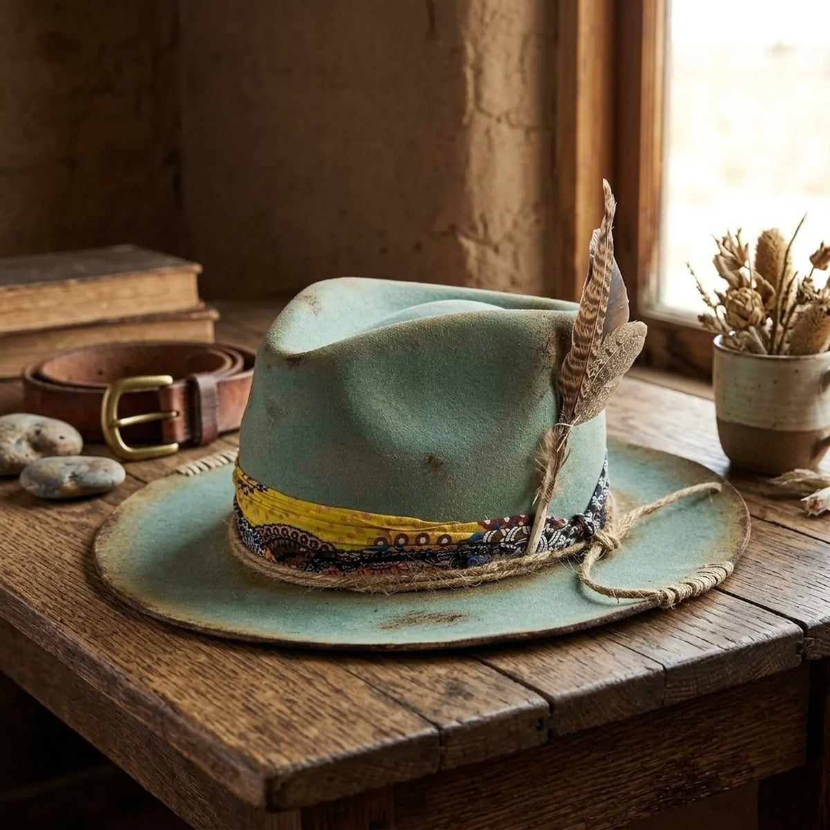 Sage Green Felt Fedora With Bandana Band And Pheasant Feathers