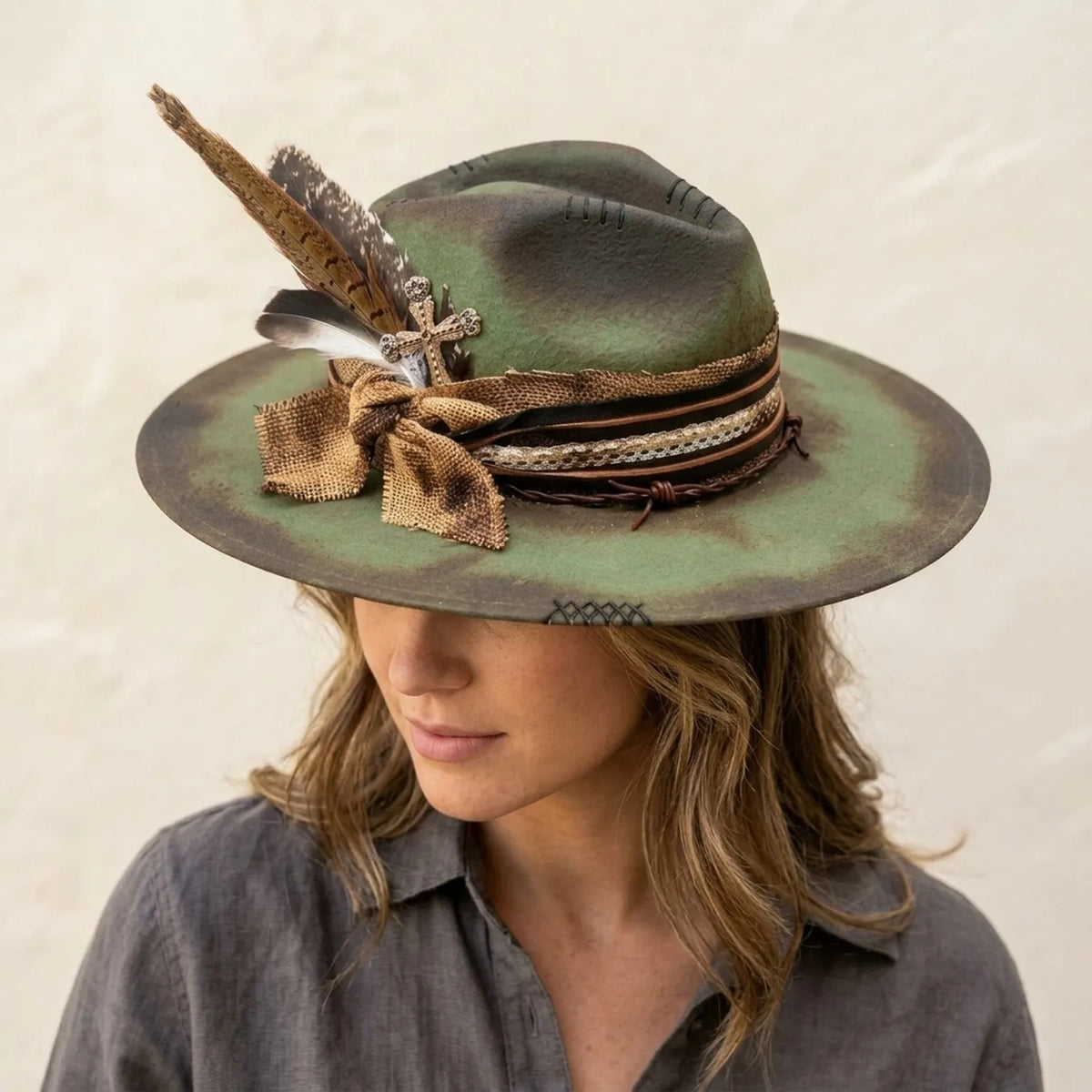 Olive Green Distressed Fedora with Burlap Bow and Cross Accent