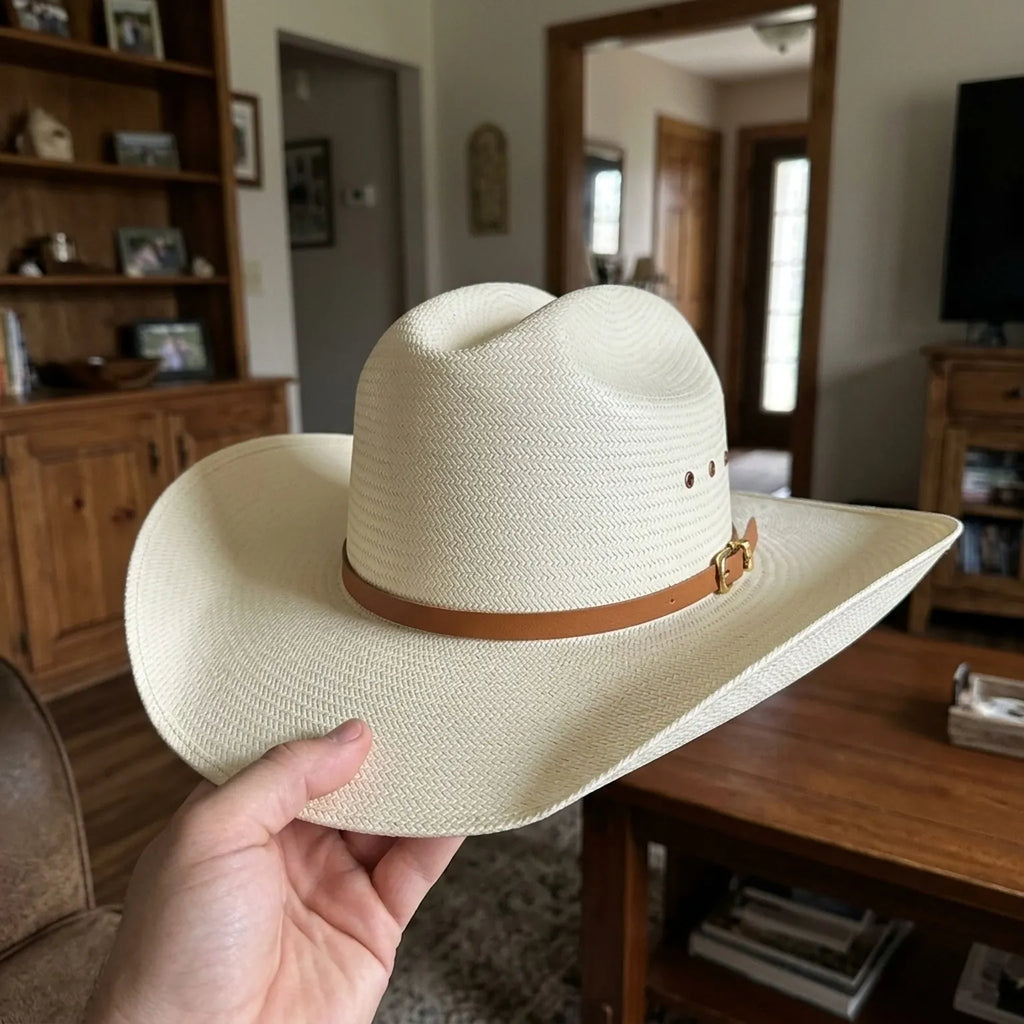 Cream White Straw Cowboy Hat with Leather Tie Band, Sun Ready