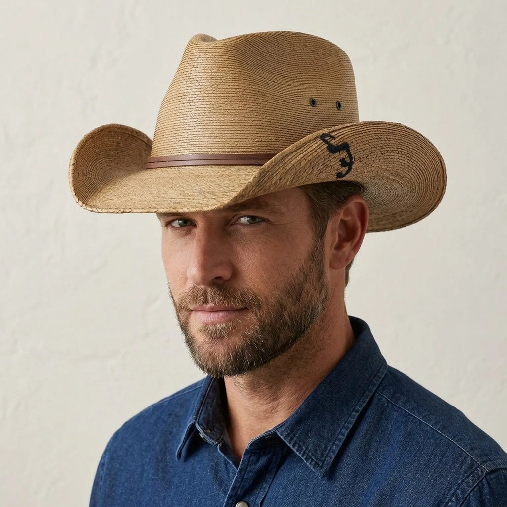 Unisex Brown Straw Cowboy Hat with Leather Band and Side Vents