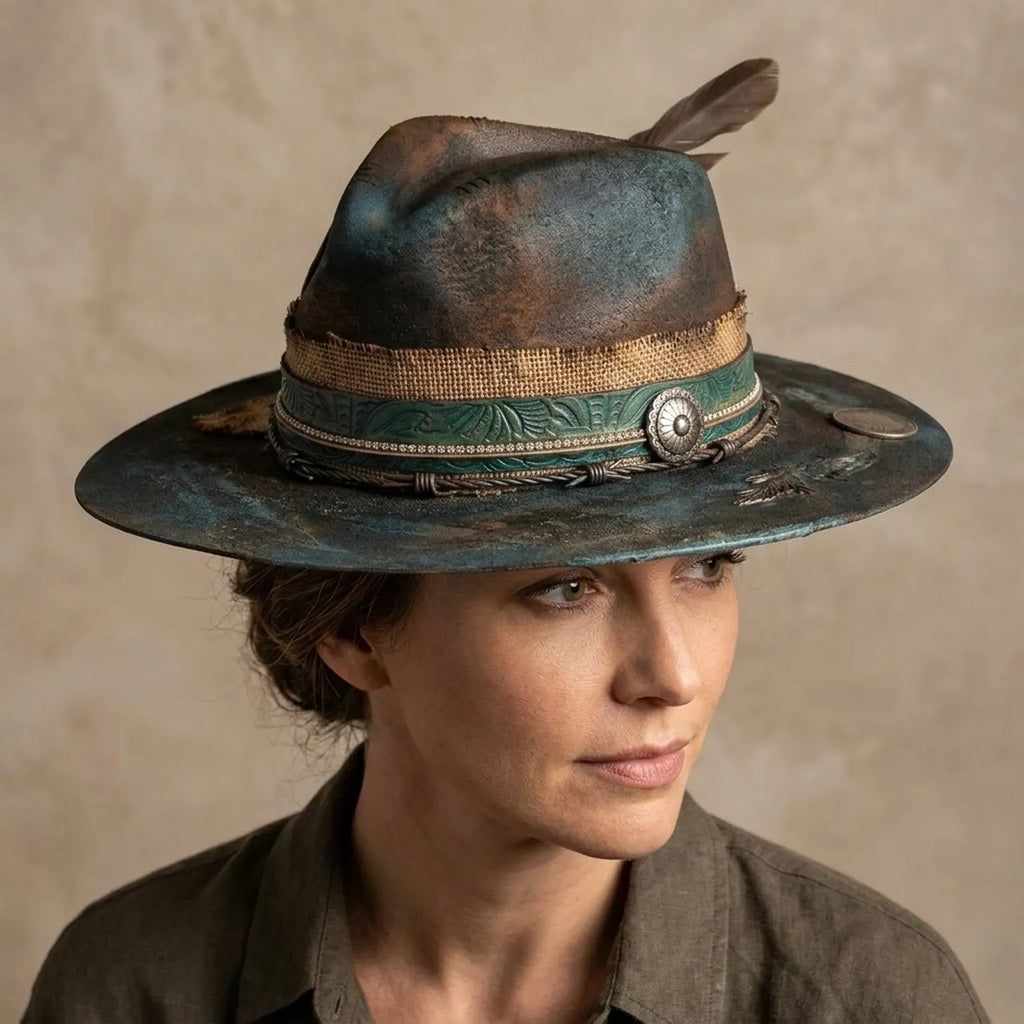 Aged Teal Distressed Fedora with Burlap Band, Concho and Coin