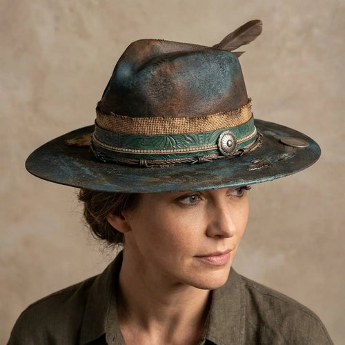 Aged Teal Distressed Fedora with Burlap Band, Concho and Coin