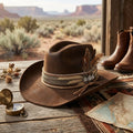Distressed Brown Felt Fedora with Sequin Band and Feather Accents