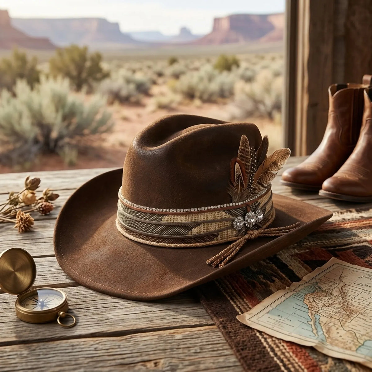 Distressed Brown Felt Fedora with Sequin Band and Feather Accents