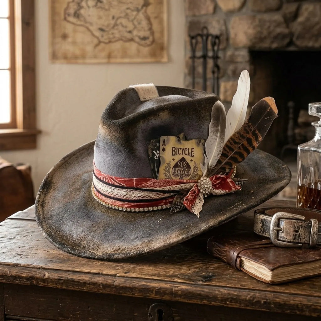 Western Fedora with Bicycle Card, Bandana and Feathers