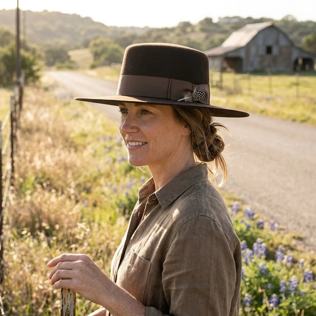 Dark Brown Wool Felt Wide Brim Fedora with Bow Grosgrain Band