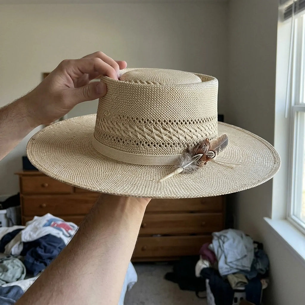 Natural Boater Straw Hat with Vented Crown and Feather