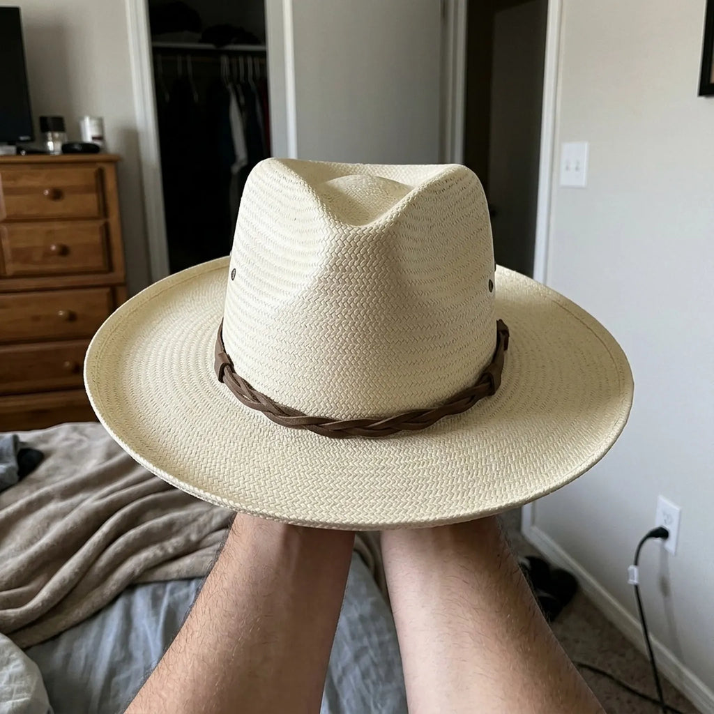 White Straw Fedora Hat with Braided Leather Band and Wide Brim